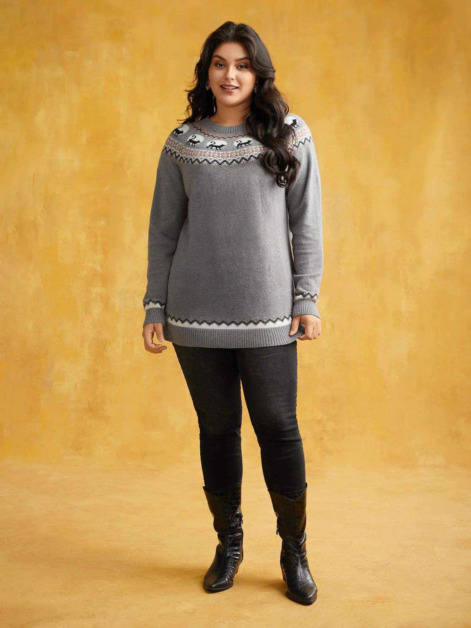 Supersoft Essentials Wicked Cat Fair Isle Yoke Printed Pullover | Bloomchic