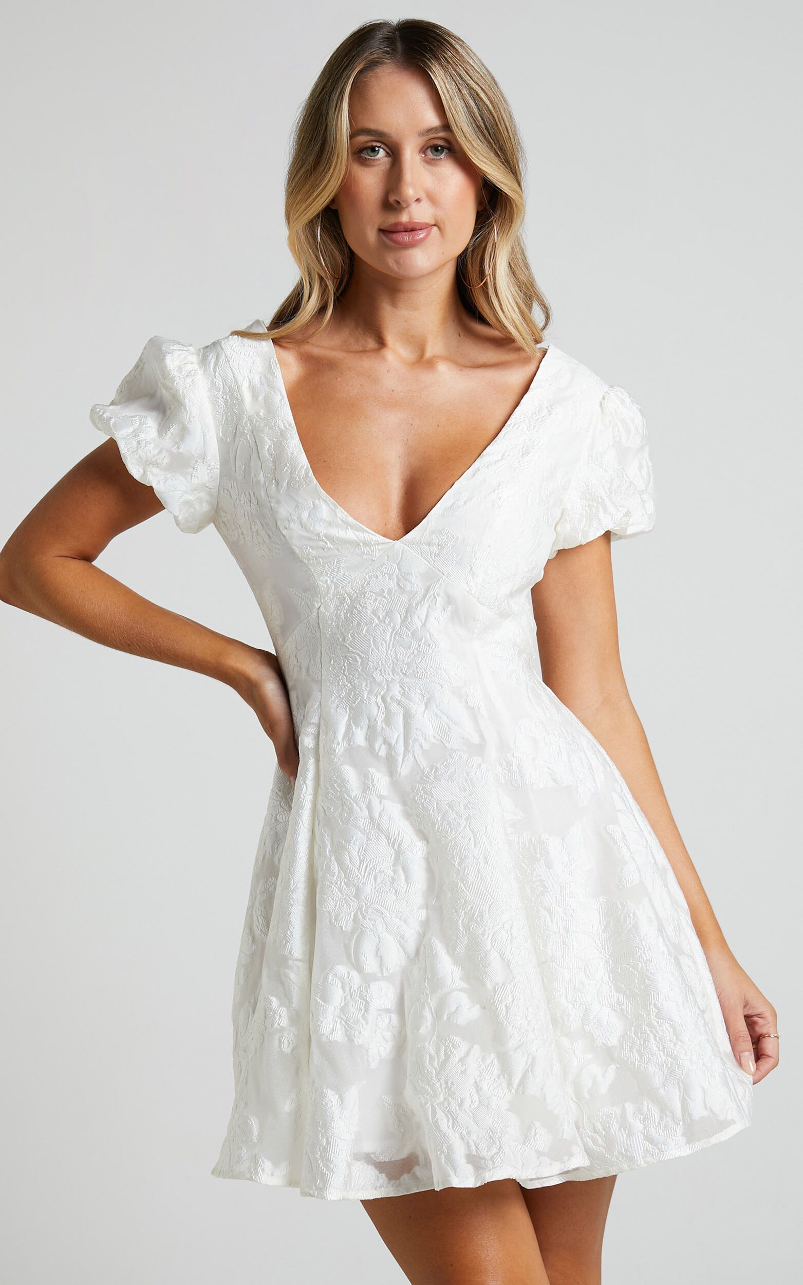 Brailey Jacquard Mini Dress - Puff Sleeve Dress in White | Showpo (US, UK & Europe)