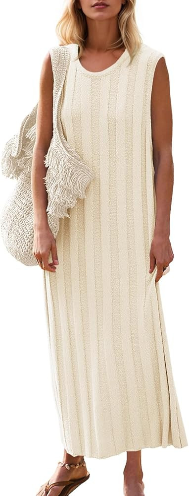 Fisoew Women's Summer Sleeveless Maxi Dress Scoop Neck Ribbed Knit Tank Top Dresses | Amazon (US)