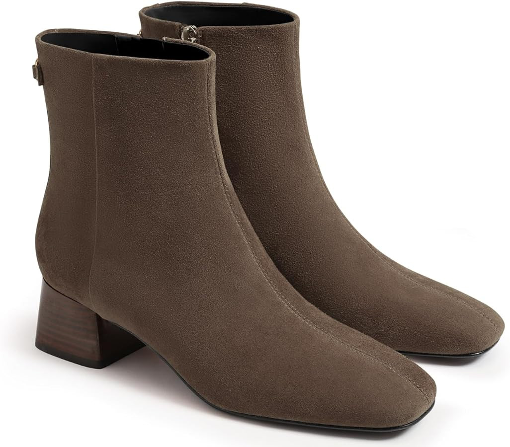 Coutgo Womens Ankle Boots Chunky Low Heel Square Toe Booties Side Zipper Winter Dress Shoes | Amazon (US)