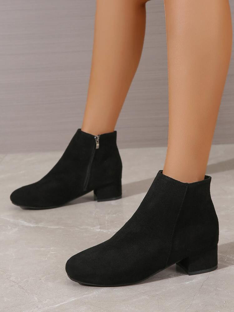 Fall/Winter Style With Tops, Women's Elegant Classic Solid Color Black Boots, Imitating Suede With Side Zipper,Boots For Women | SHEIN