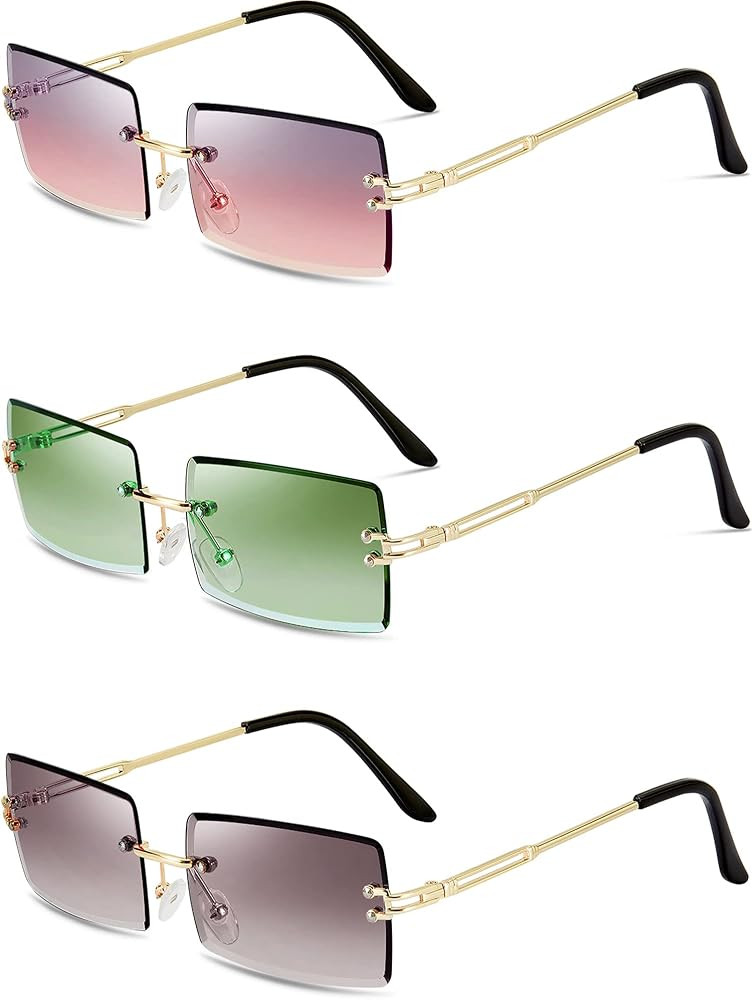 3 Pairs Rimless Rectangle Sunglasses Tinted Frameless Eyewear Vintage Transparent Rectangle Y2K G... | Amazon (US)