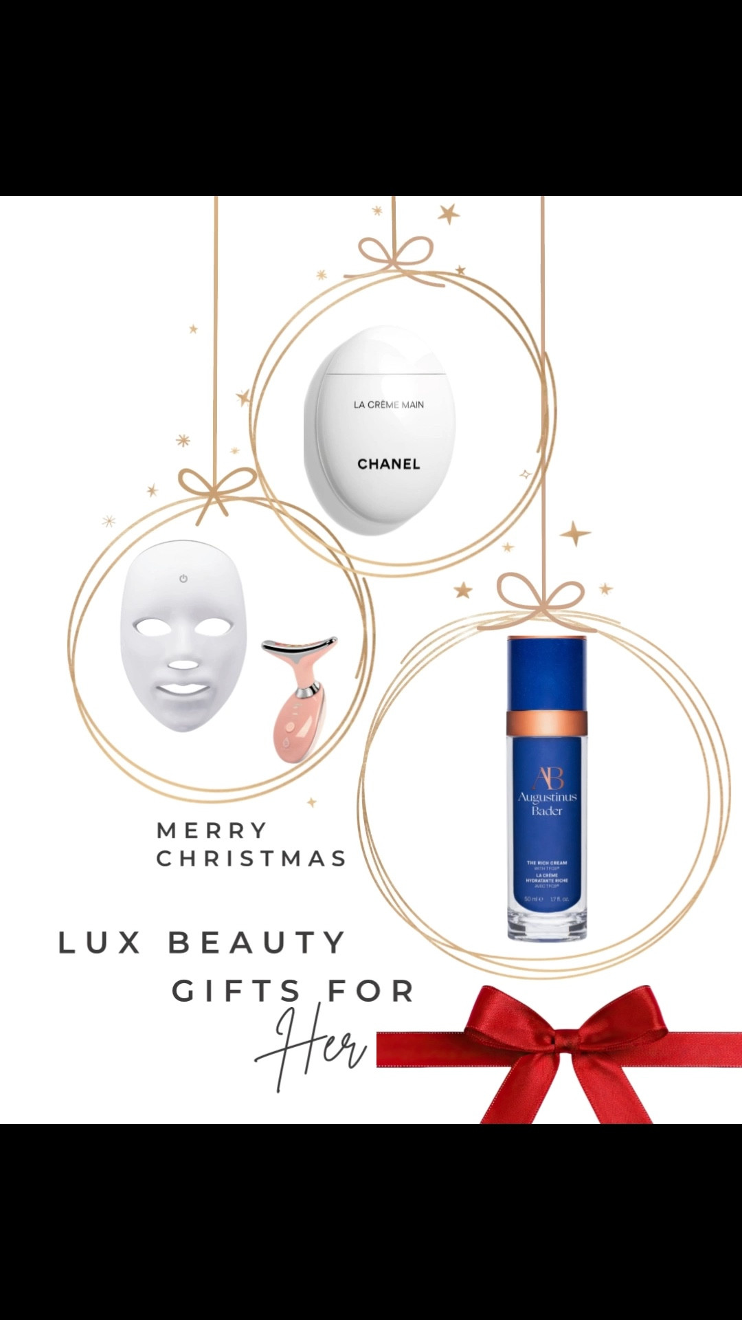 Beauty products for her that she will love. 
LED light therapy 
Chanel handcream 
Rich face cream 

#LTKOver40 #LTKHoliday #LTKGiftGuide