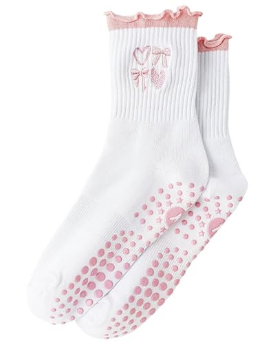 Yawlsow Cute Pilates Grip Socks for Women Ruffle Frilly Yoga Socks Non Slip Cotton Crew Sock for Barre Workout (US, Alpha, One Size, Regular, Regular, 1 Pack-Pink -Heart) | Amazon (US)