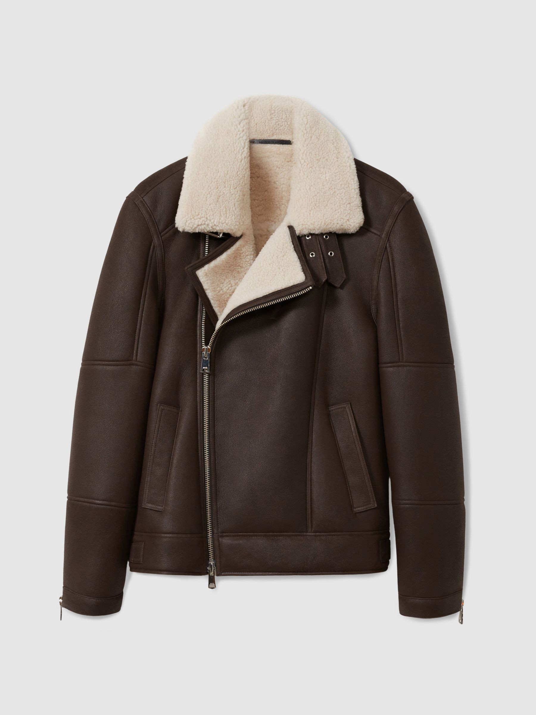 Shearling Lined Leather Aviator Jacket in Dark Brown | Reiss UK