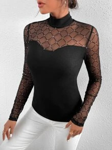 Rhinestone Insert Contrast Mesh High Neck Tee
   SKU: sw2110077001472747      
          (184 Rev... | SHEIN