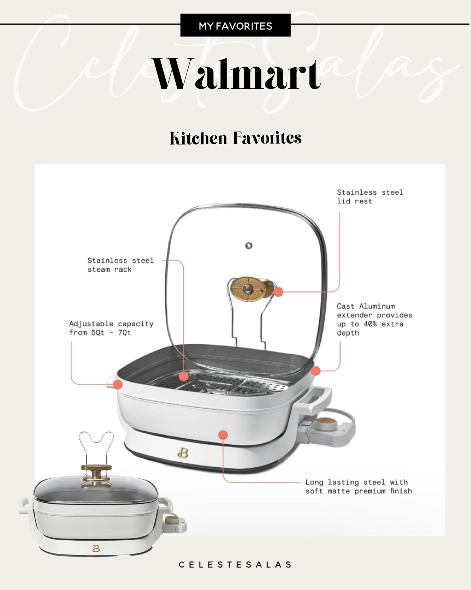 5-in-1 Expandable Skillet 🤩
• adjustable capacity from 5qt-7qt
*r sauté, simmer, slow cook, buffet serve and more
• includes stainless steel steam rack and lid rest
• cast aluminum extender provides up to 40% extra depth healthy, premium non-stick coating, free from chemicals

#LTKhome #LTKfamily #LTKwedding