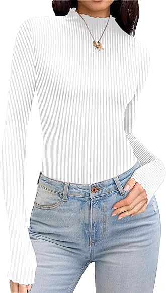 Ekouaer Turtleneck Shirt Women Ruffle Ribbed Long Sleeve Mock Neck Tops Slim Fit Lettuce Trim Bas... | Amazon (CA)