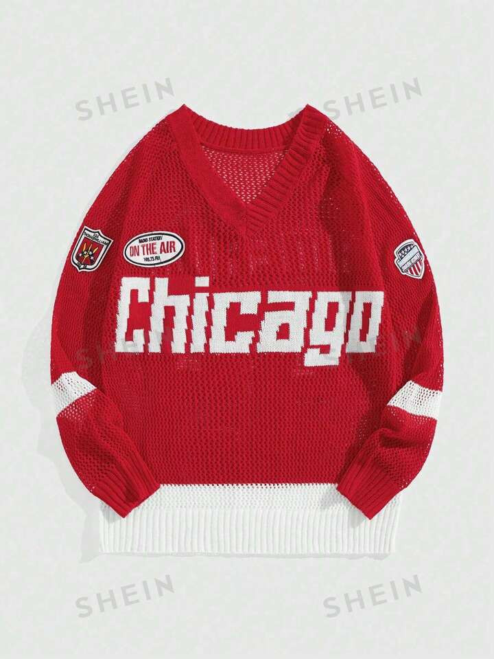 ROMWE Men V Neck Letter Pattern Patched Detail Sweater, School | SHEIN