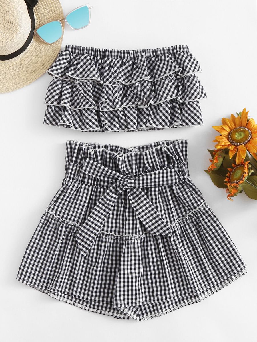 Tiered Frill Gingham Bandeau Top With Shorts | SHEIN