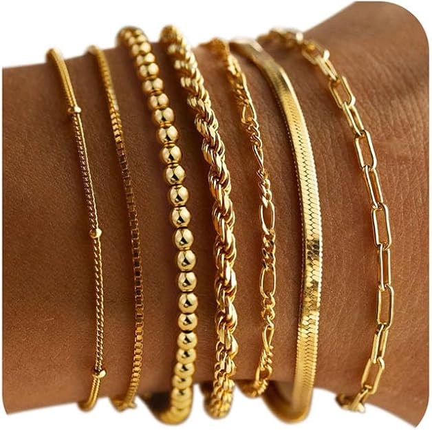 M MOOHAM Gold Bracelets for Women - 14K Real Gold Plated Beaded Bracelets Set Rope Paperclip Chai... | Amazon (US)