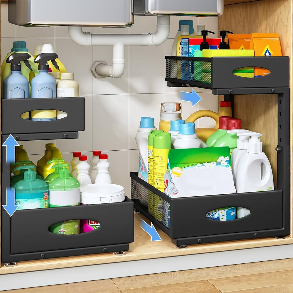 Under Sink Organizer, 2 Pack 2 Tier Pull Out Under Cabinet Organizer Shelf with Pad for Framed Ca... | Amazon (US)