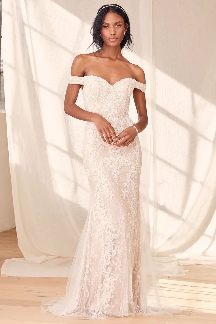 Promised Love White Beaded Lace Off-the-Shoulder Maxi Dress | Lulus (US)