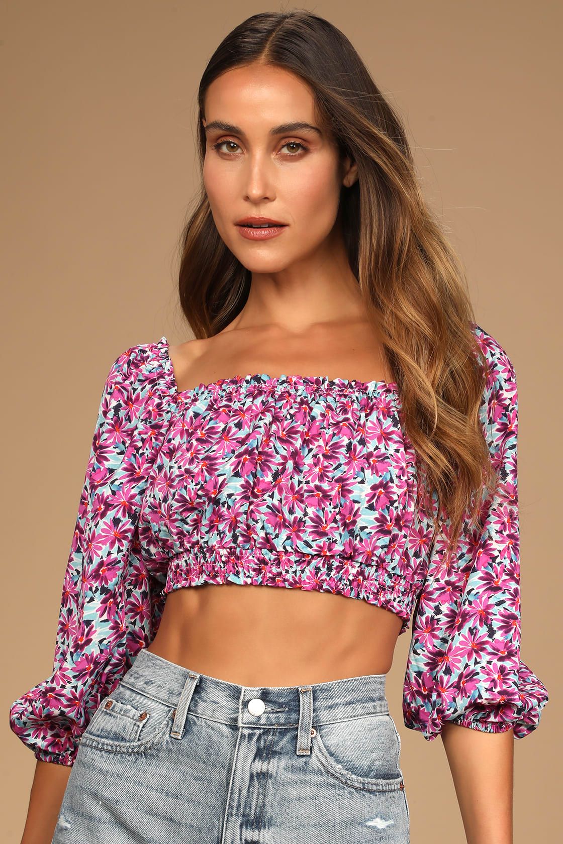 Blossom Bandit Purple Multi Floral Print Balloon Sleeve Crop Top | Lulus (US)