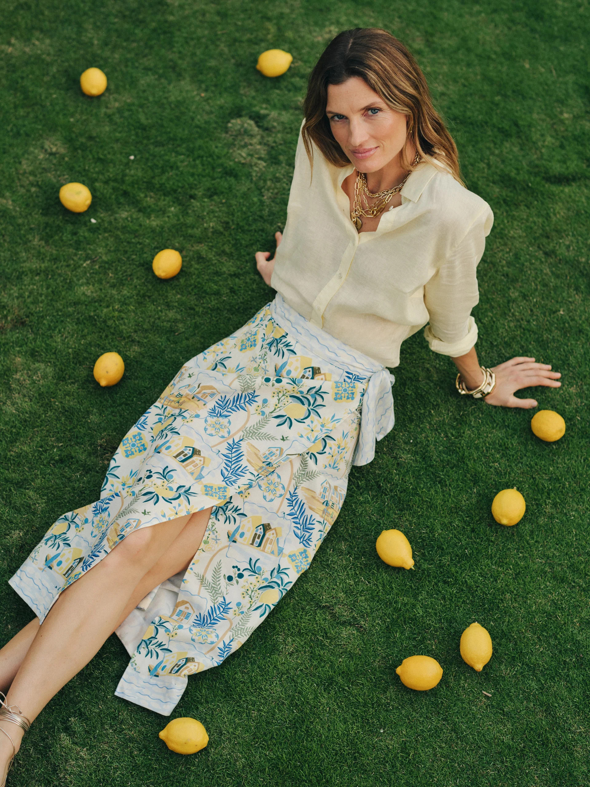 J.McLaughlin Women's Ardis Linen Blend Skirt in Amalfi Coast Off White/Blue/Yellow, Size XS | Linen/Tencel | J.McLaughlin