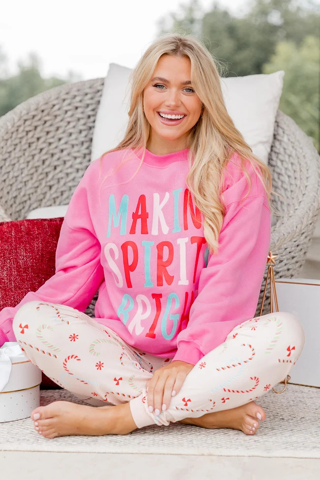 Making Spirits Bright Pink Oversized Graphic Sweatshirt | Pink Lily