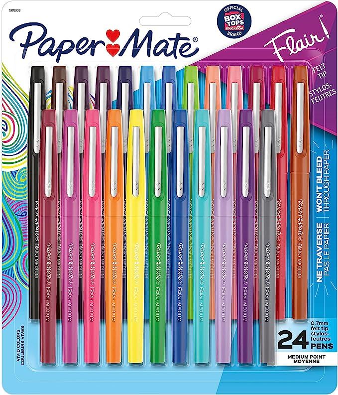 Paper Mate Felt Tip Pens, Flair Marker Pens, Medium Point, Assorted, 24 Count | Amazon (US)