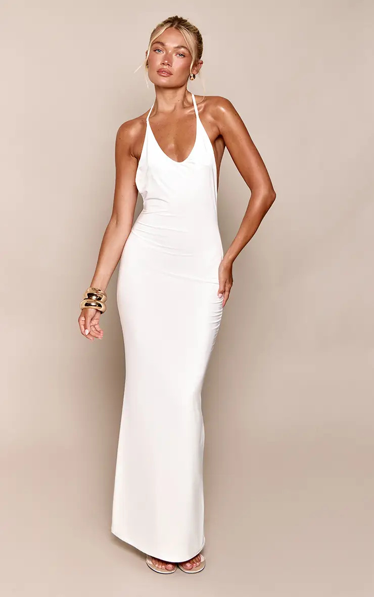 White Double Layer Slinky Scoop Neck Open Back Dress | PrettyLittleThing UK