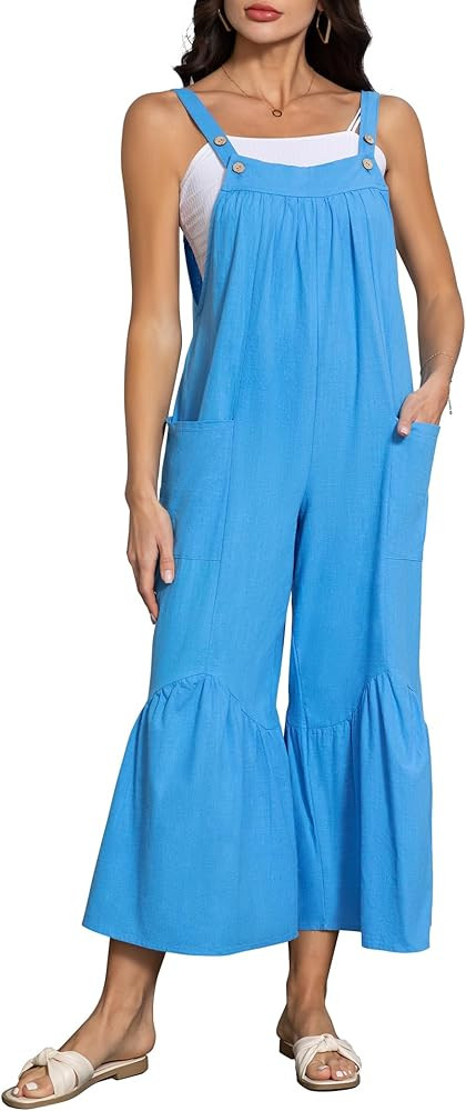 Women's Jumpsuits Casual Long Rompers Wide Leg Baggy Overalls Pants Cotton Rompers Overalls with ... | Amazon (US)