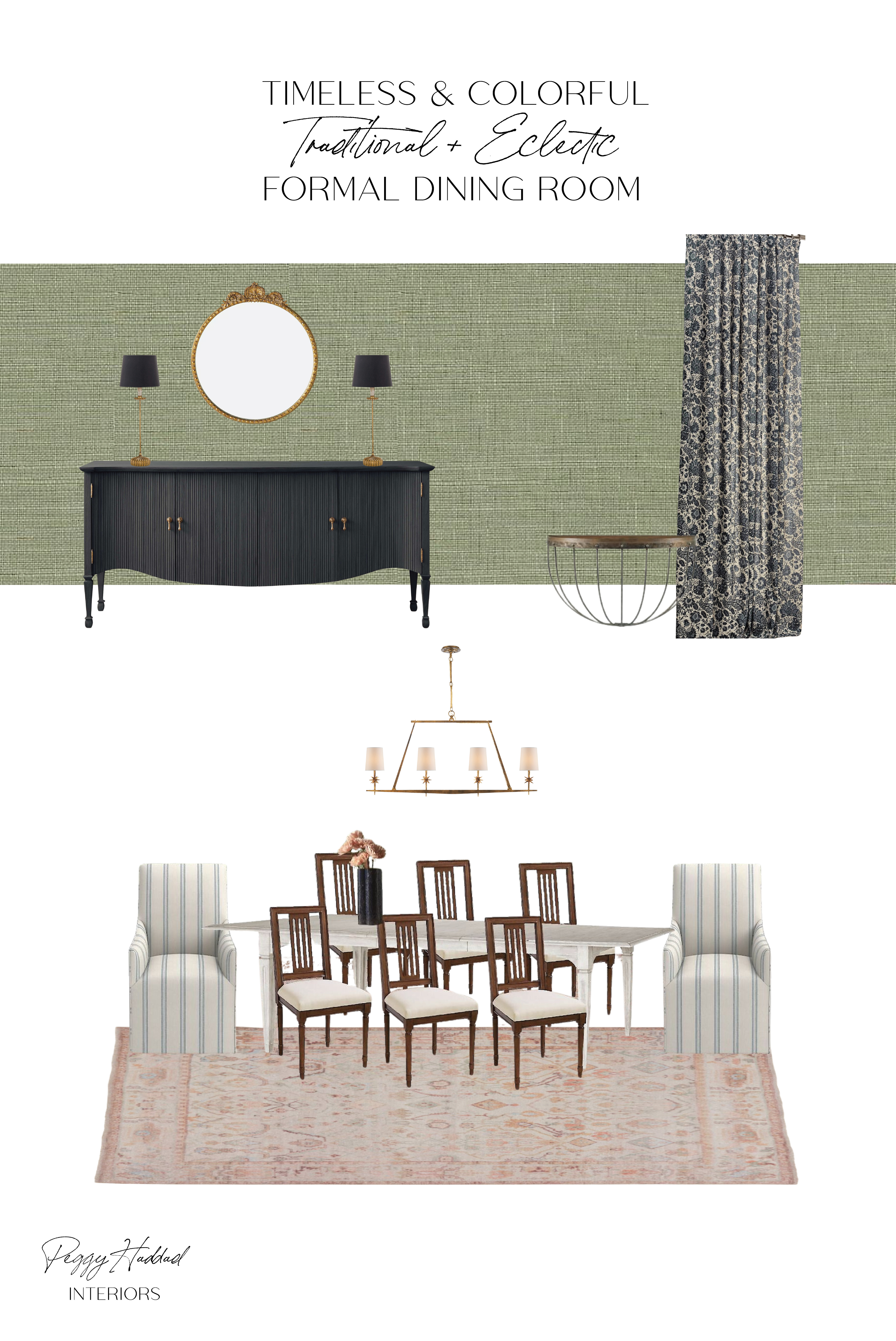 This colorful traditional dining room from Project Eclectic Traditional feels layered and elegant but not the least bit stuffy. We wanted a space where family dinners felt special, but also where spills weren’t a total disaster (thank you, performance fabric and cleanable rugs!). The result is timeless, textural, and a little unexpected.
A formal dining room should feel special, but never so precious that no one actually wants to use it. For this family, we wanted to create a colorful traditional dining room that honored the home’s classic architecture and the client’s heirloom pieces, while giving the space a fresh, lively perspective.

The green grasscloth wallpaper set the tone immediately: textural, rich, and beautifully grounding. From there, we layered in crisp wainscoting, tailored blue curtains, a pink patterned rug, and just enough equestrian charm to give the room personality without feeling themed. We refinished the client’s heirloom dining table, painted and reupholstered the chairs, and brought in layers of color and pattern to make the whole room feel collected, polished, and personal.

The equestrian details add a subtle sense of heritage and character, which felt especially fitting for a traditional dining room. The key was keeping those references restrained. A little equestrian influence can bring warmth, history, and a Ralph-Lauren-adjacent richness to a room—but too much can start to feel too themed.

The result is a formal dining room that still feels warm and welcoming, a space made for holiday dinners, birthday candles, after-school chaos, and all the good stuff that happens around a table.

#LTKHome