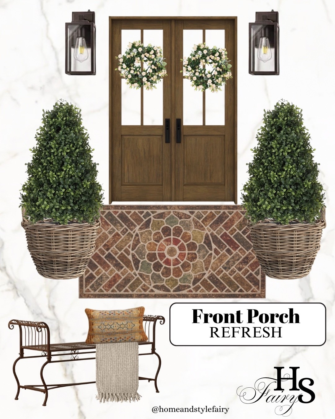 The dreamiest front porch. This metal bench evokes the feeling of a sun-soaked vineyard, tucked away right at home. Between the vintage pottery, lush camellia trees, and boxwood topiaries in wicker planters, it's the most welcoming front porch.
#LTKHome #LTKSeasonal #Easter #LTKSaleAlert #homeinspo #neutralhome #springporch #doormat #frontporch

Tall planters | Cedar Topiary Trees | Porch Tree | Cypress Wreath | Door Mat | spring flowers | lantern

#LTKstyletip #LTKcanada #LTKsummer