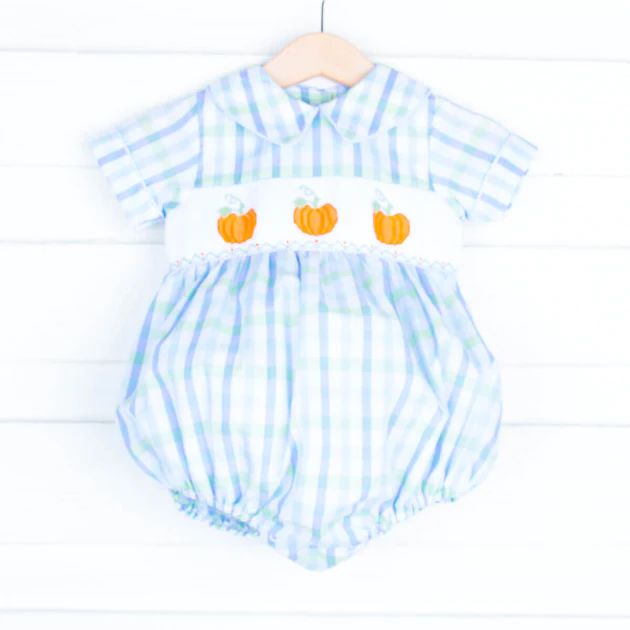 Smocked Pumpkins Light Blue and Green Plaid Boy Collared Bubble | Classic Whimsy