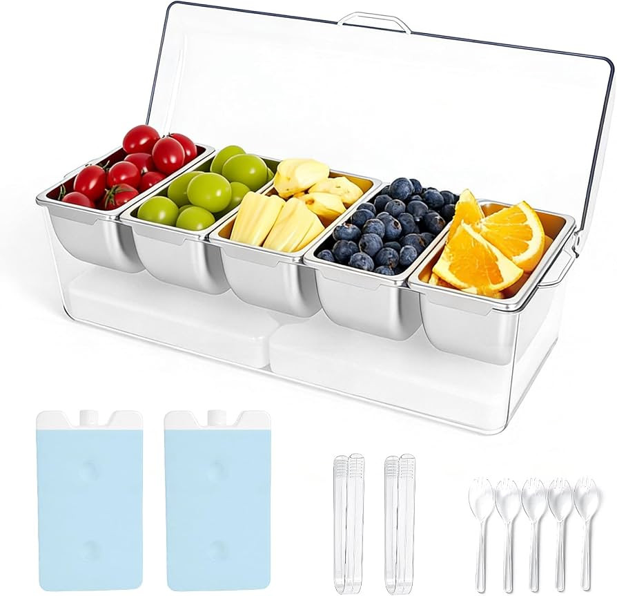 Chilled Condiment Caddy with 5 Stainless Steel Compartments – Condiment Containers with Lids, Serving Tray for Party, Bar, Salad, Taco & Fruit Garnish, Includes 2 Ice Packs, 5 Forks and 2 Tongs | Amazon (US)