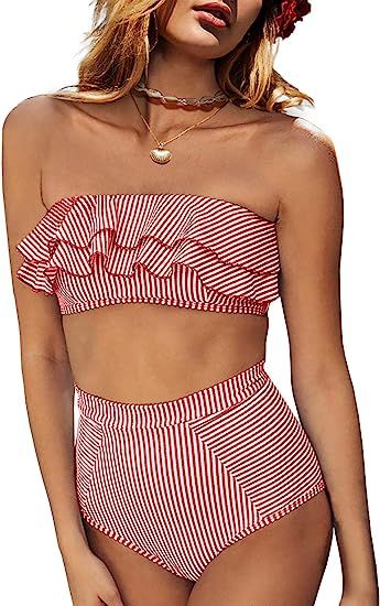 Saodimallsu Women High Waisted 2 Piece Bikini Set Bandeau Ruffle Swimsuit Top Striped Bathing Sui... | Amazon (US)