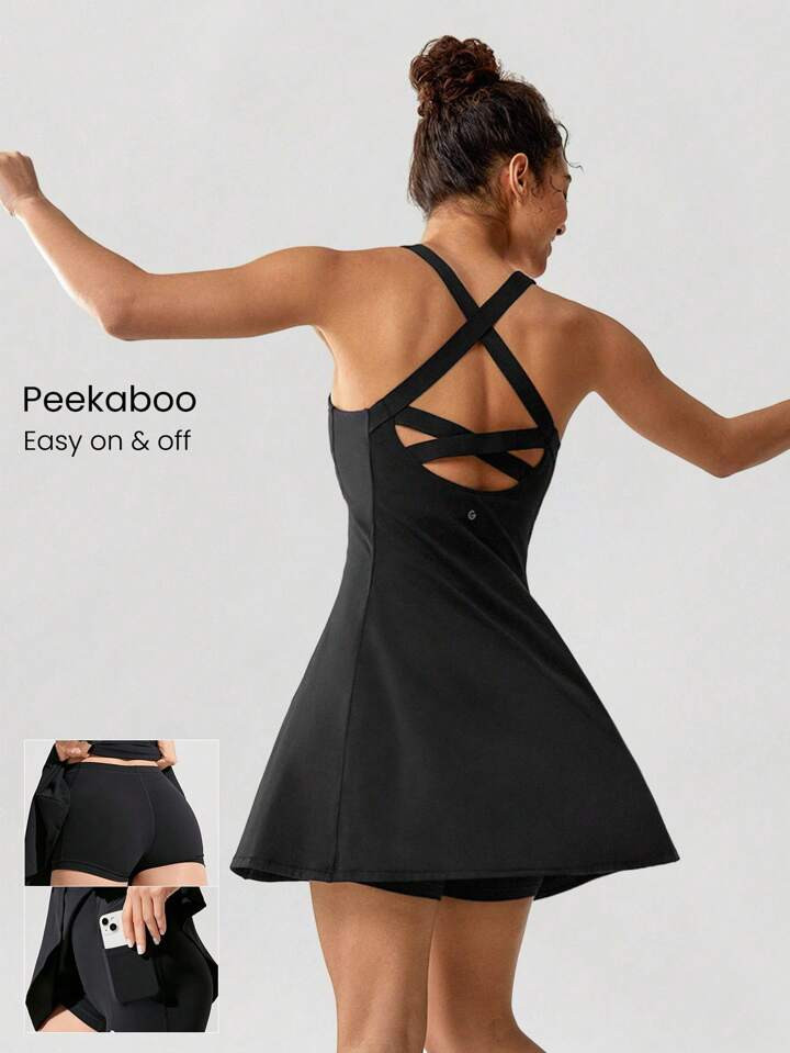 GLOWMODE FeatherFit™-Air Peekaboo Mini Dress With Built-In Shorts Pocket Square Neck Anti-Slip Crisscross Light Support Low Impact Quick Dry Moisture Wicking | SHEIN