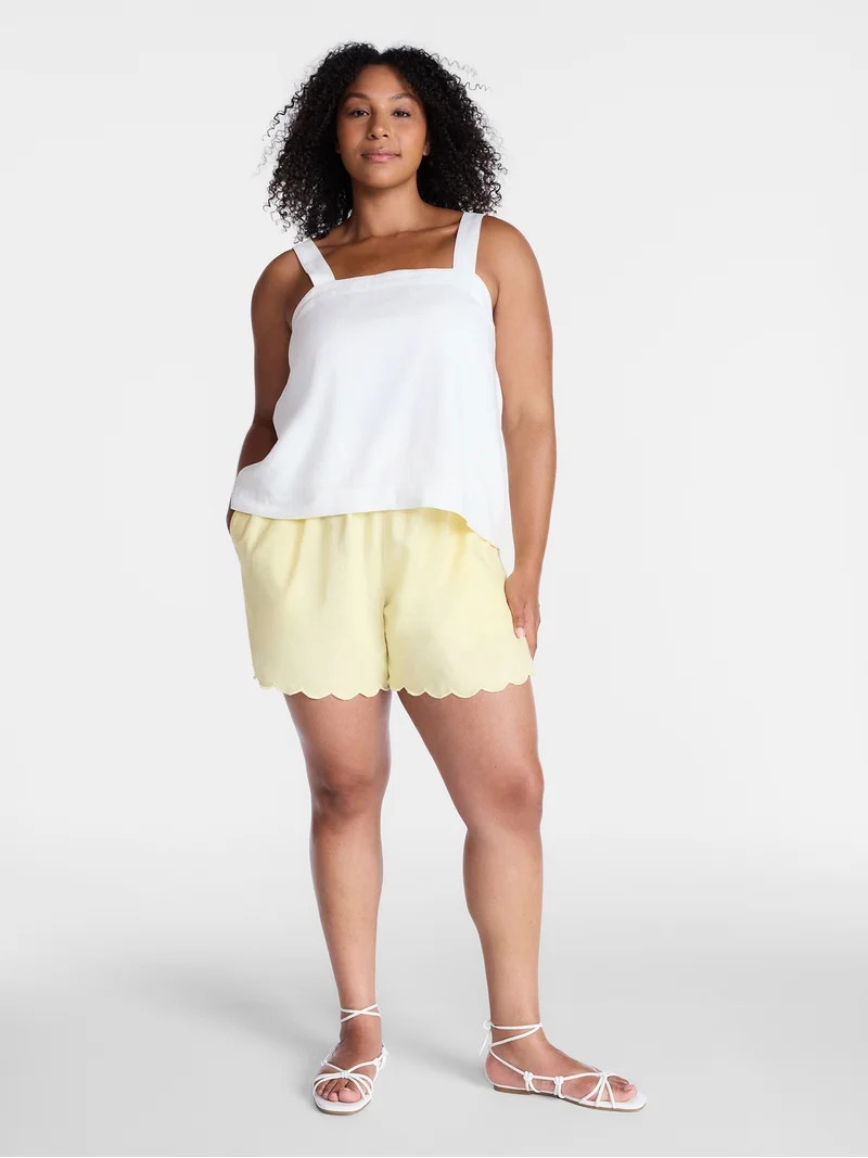 Time and Tru Women's Linen Blend Shorts with Scalloped Hem, Sizes XS-XXXL - Walmart.com | Walmart (US)