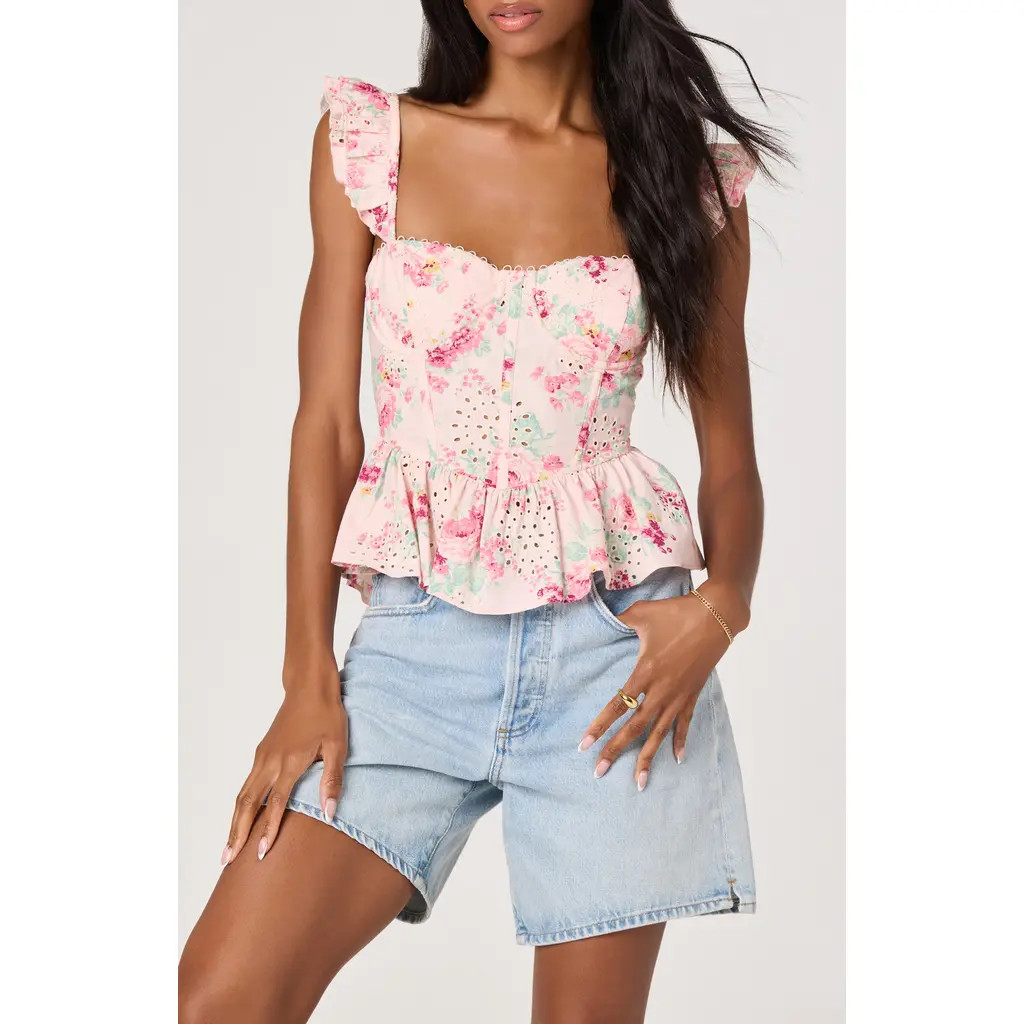 ASTR the Label Baylin Floral Eyelet Lace-Up Back Peplum Top in Pink Floral at Nordstrom, Size Large | Nordstrom