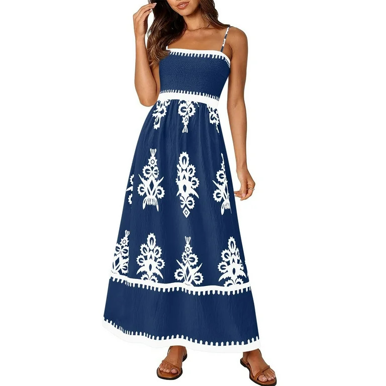 FrzhBrz Women Sleeveless Ruffle Retro Printed Maxi Dress Spaghetti Strap Boho Swing Flowy Sundres... | Walmart (US)