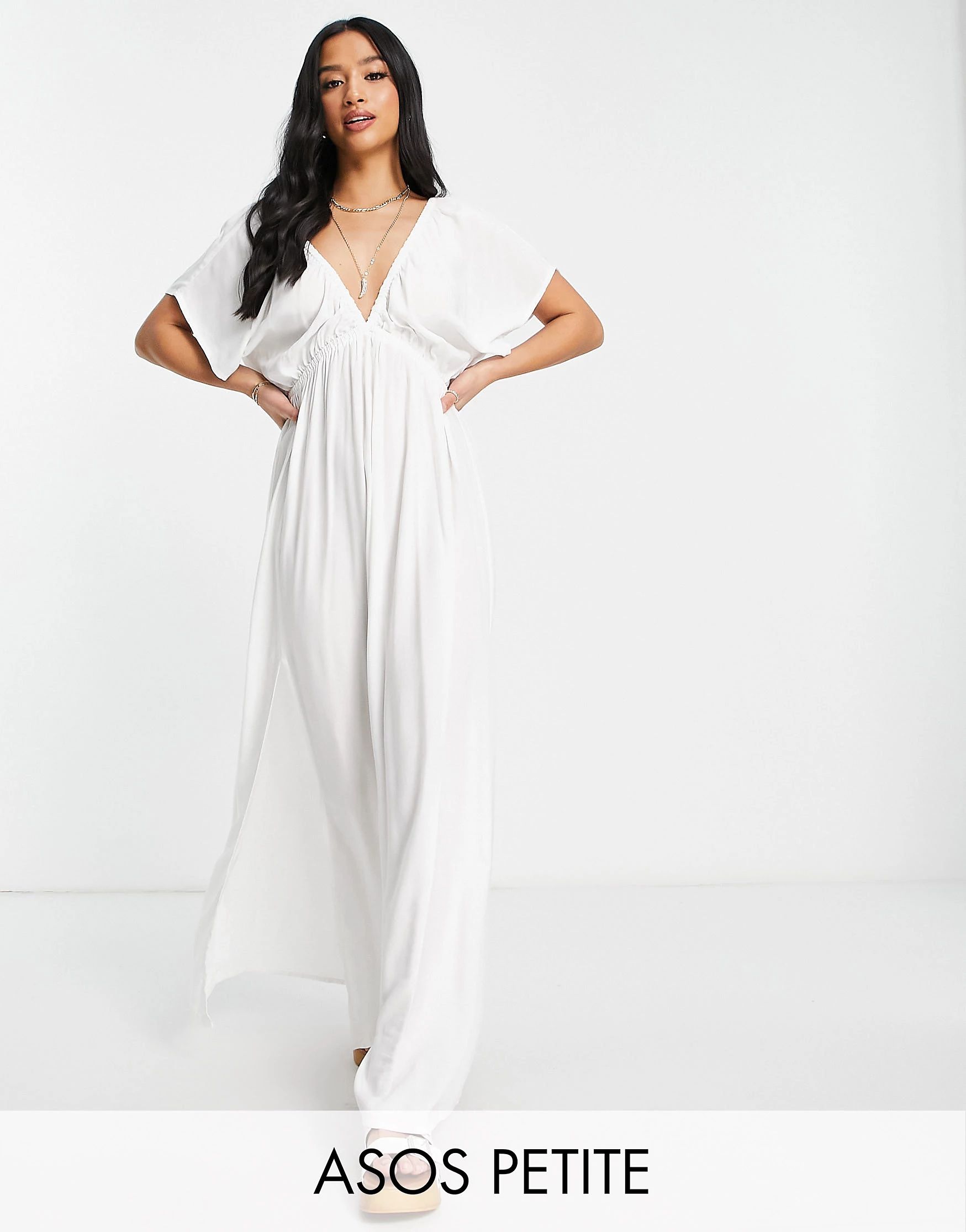 ASOS DESIGN Petite flutter sleeve maxi beach dress in white | ASOS (Global)