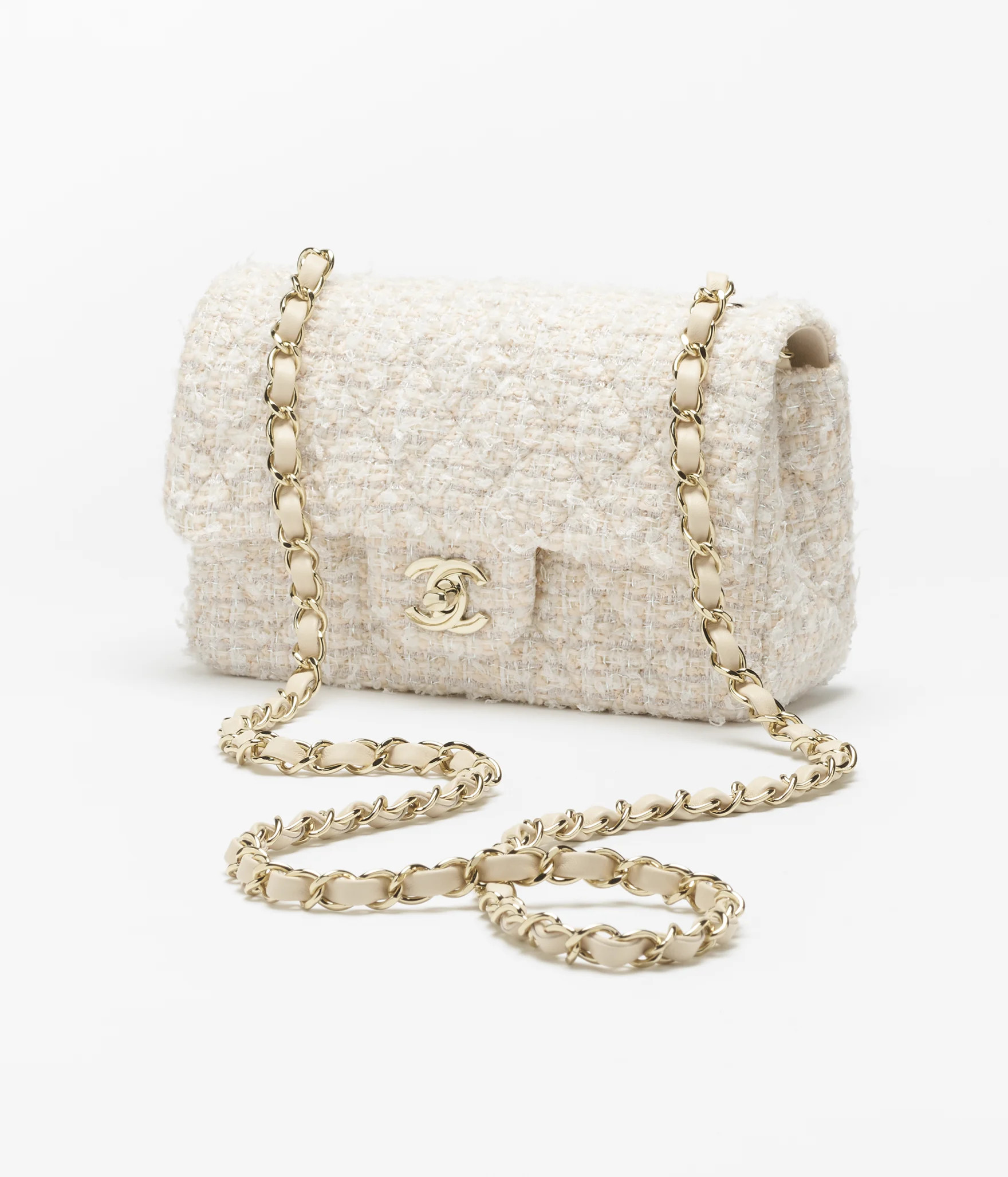 Mini classic handbag, Tweed & gold-tone metal, beige & white — Fashion | CHANEL | Chanel, Inc. (US)