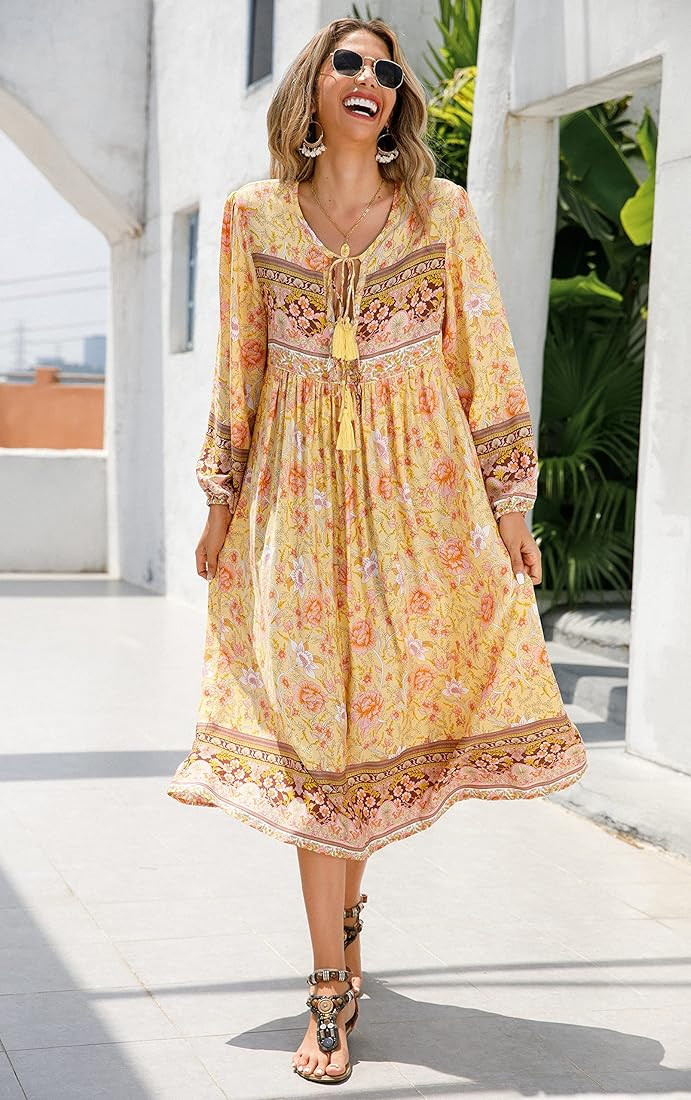 R.Vivimos Women's Long Sleeve Floral Print Retro V Neck Tassel Bohemian Midi Dresses | Amazon (US)