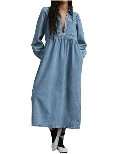 YEXPINE Women's V Neck A Line Denim Dress Long Sleeve Zip Up Collar Dress Casual Loose Long Jean Dress with Pockets Blue | Amazon (US)