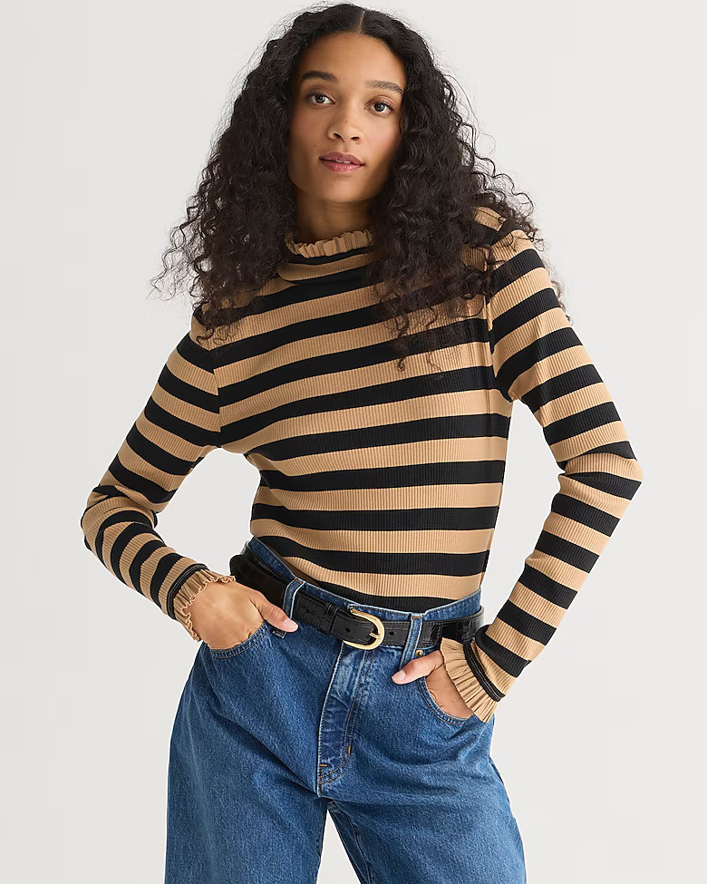 Vintage rib ruffle mockneck tee in stripe | J. Crew US