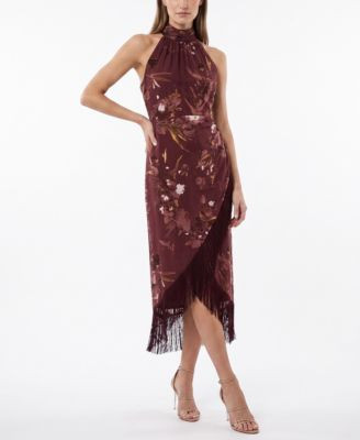 Taylor Women's Tassel Trimmed Halter Dress - Burgundy | Macy's