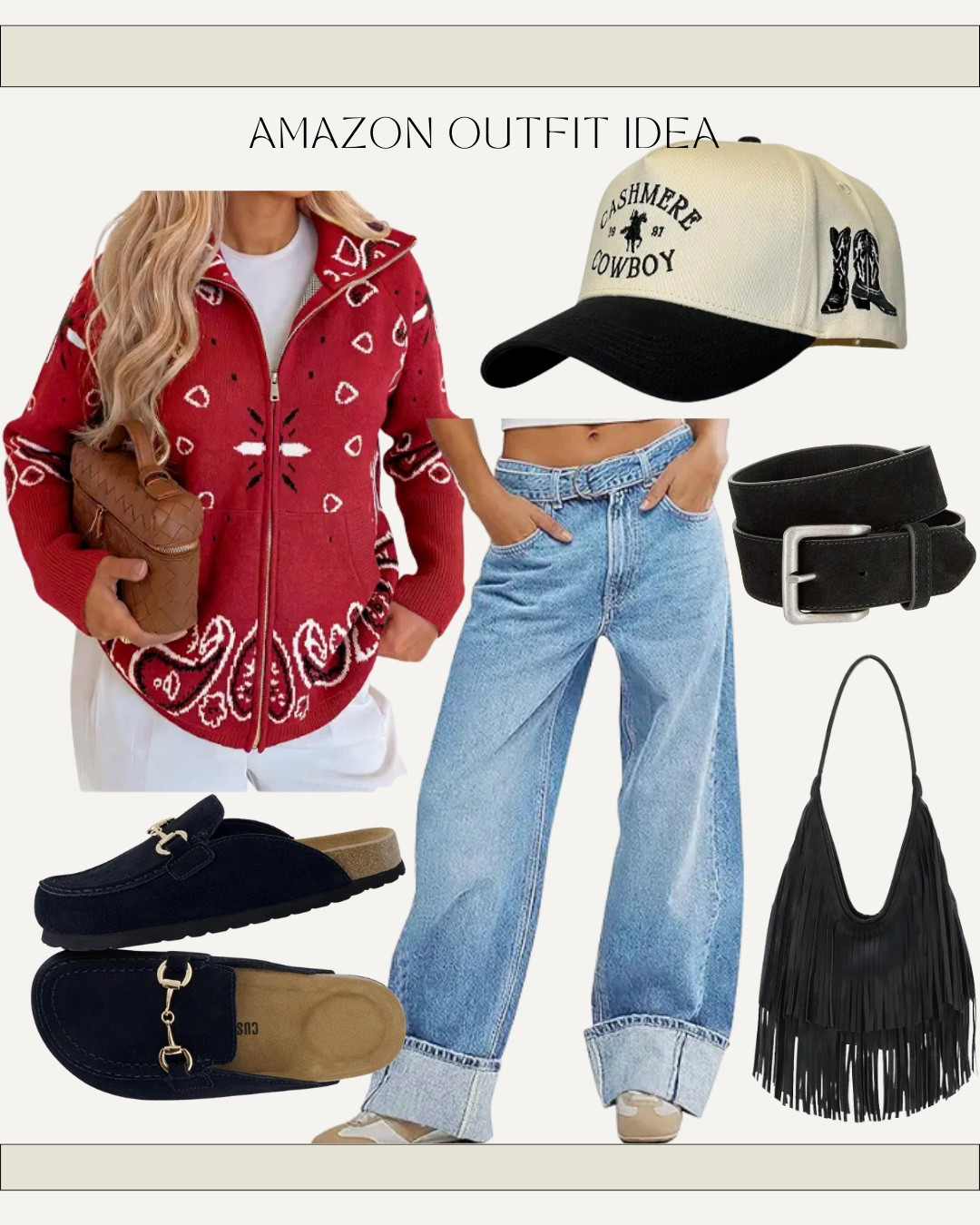 Western casual outfit idea - fall outfit from Amazon - bandana print sweater / cardigan - fringe bag, belt , trucker hat, slip on shoes , denim jeans

#LTKgrwm #LTKootd