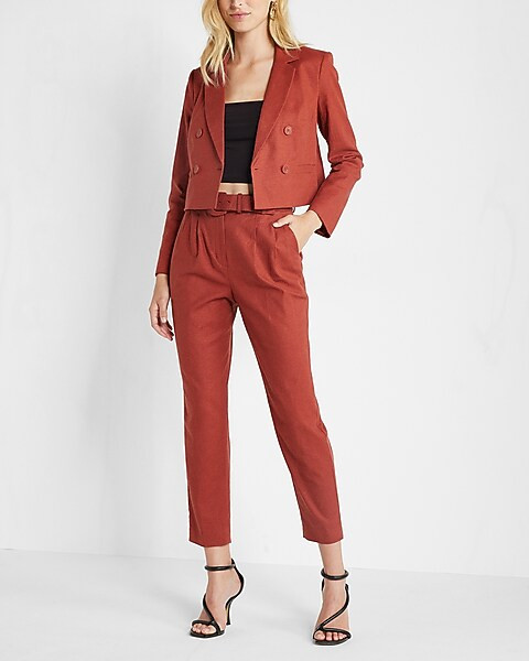 Super High Waisted Linen-Blend Belted Ankle Pant | Express