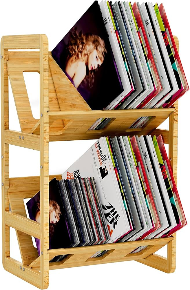 Ackitry Bamboo Vinyl Record Storage, 180-200 LPs Storage Record Holder for Albums, 2 Tier Record ... | Amazon (US)