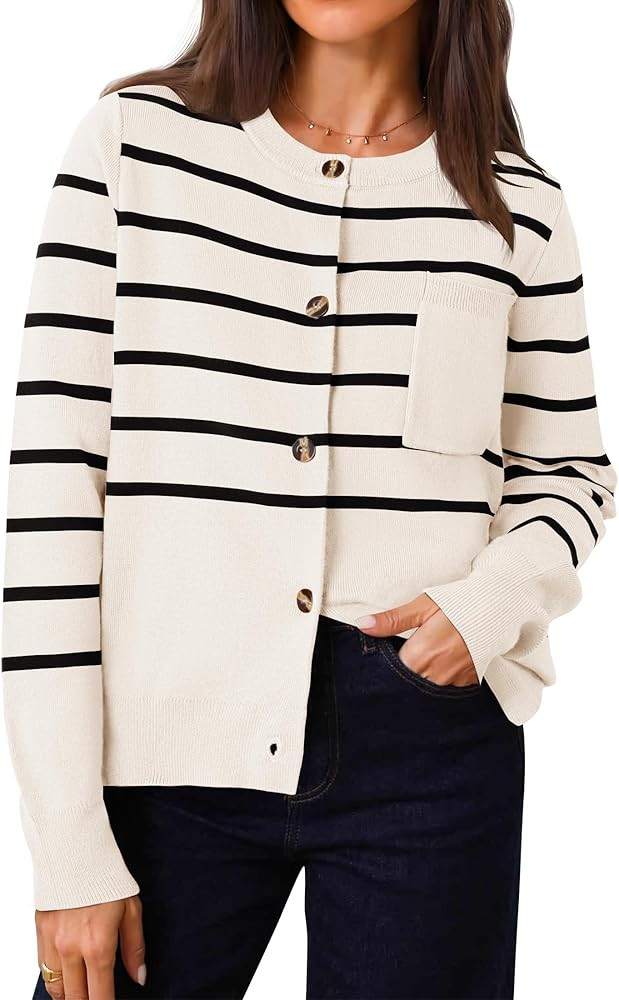 ZESICA Women's Striped Cardigan Sweaters Fall Long Sleeve Open Front Button Down Knit Outerwear C... | Amazon (US)