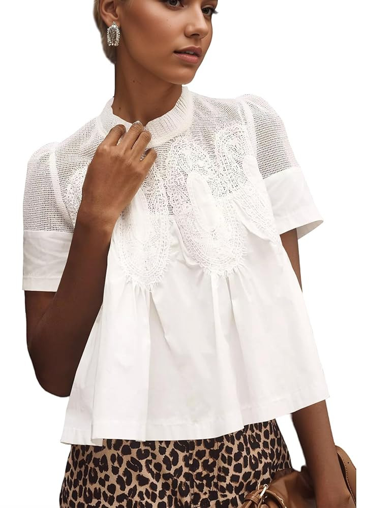 Women Swing Lace Blouse Summer Mock Neck Puff Short Sleeve Mesh Tops See Through A-Line Pleated S... | Amazon (US)