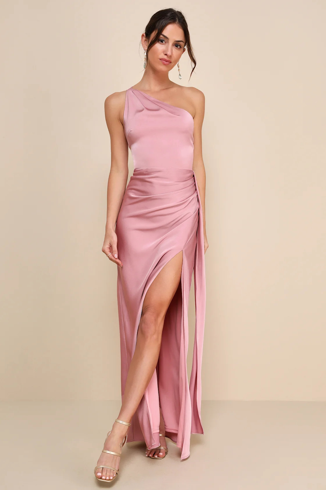 Signature Elegance Rose Satin One-Shoulder Maxi Dress | Lulus