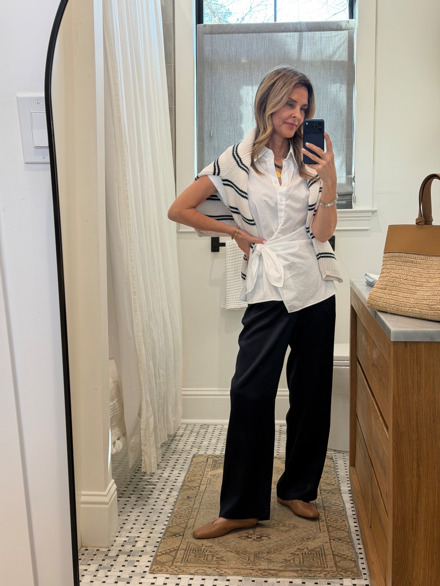 I’m 5’6’’.
-Quince bottoms in navy TTS
-Aritzia top size S
-Target sweater
-Shoes 

#LTKSeasonal #LTKOver40 #LTKootd