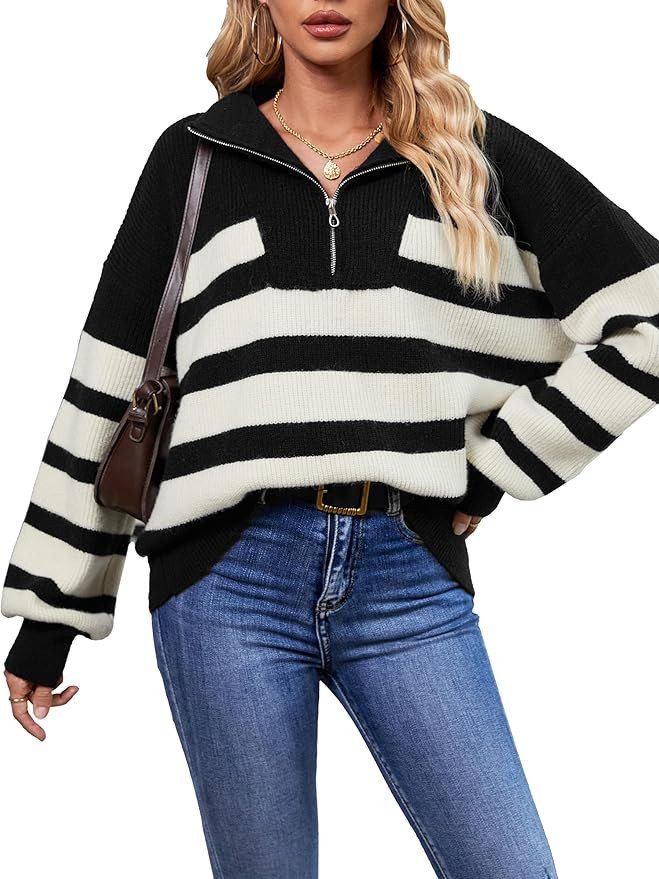 SuperPrity Womens Sweaters Oversized Striped Quarter Zip Long Sleeve V Neck Knit Pullover Tops 20... | Amazon (US)