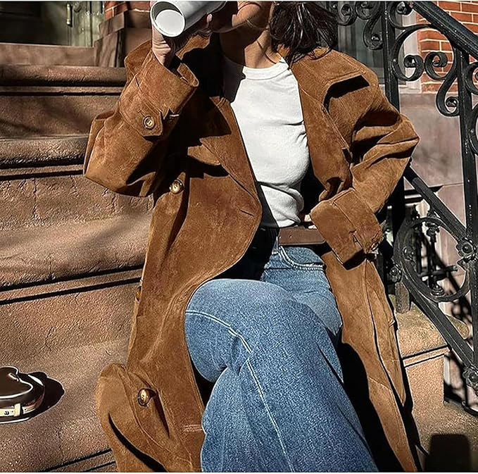 utcoco Womens Faux Suede Long Trench Coat Notched Lapel Double Breasted Pea Coat Overcoat with Be... | Amazon (US)