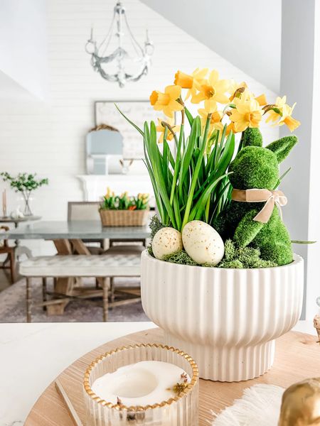 White ceramic fluted planter
Easter decor
Easter centerpiece

Green moss bunny
Flocked bunny decor 
White planter 

#LTKSeasonal #LTKhome #LTKstyletip