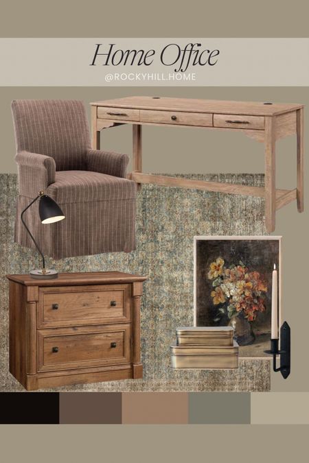 Muted cottage home office mood board, desk, oak office furniture, amber interiors, amber Lewis loloi rug, floral art, desk lamp, candle sconce, brown slipcovered dining chair

#LTKstyletip #LTKhome