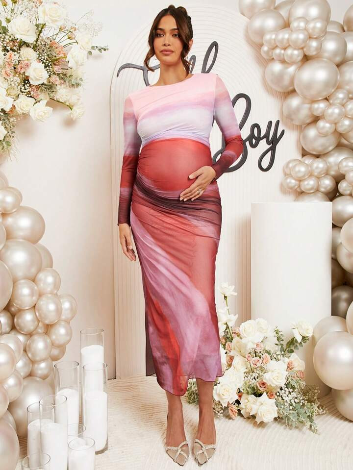 Loomaby Maternity Tie-Dye Round Neck Long Sleeve Pleated Long Elegant Dress, For Baby Shower | SHEIN